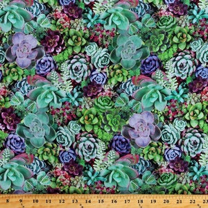 May include: A close-up of a fabric with a repeating pattern of green, purple, and pink succulents. The fabric is printed with a realistic image of the succulents.