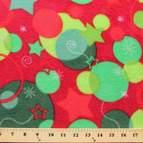 Fleece Christmas Snowflakes Ornaments Holiday Stars Green on Red Fleece Fabric Print by the Yard (8490Z-11H) A325.06