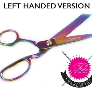 May include: Left-handed iridescent rainbow scissors with a gold screw and "Tula Pink" printed on the blade.