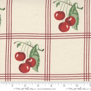 Cotton Toweling -16" Wide American Cherries Cherry Plaid Fruits Cream Red Kitchen Toweling By the Yard (920-288-cherry) M421.17