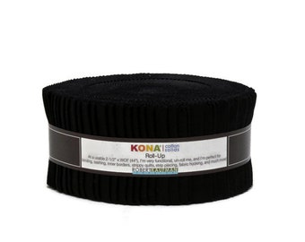 May include: A roll of black fabric strips, labeled "KONA cotton solids Roll-Up." The label includes text about the fabric's uses, such as binding and strip piecing. The fabric strips are approximately 2.5 inches wide.