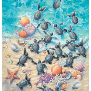 24&quot; X 44&quot; Panel Baby Sea Turtles Ocean Animals Beach Starfish Seashells Race to Safety Cotton Fabric Panel (1608MULTI) D685.65