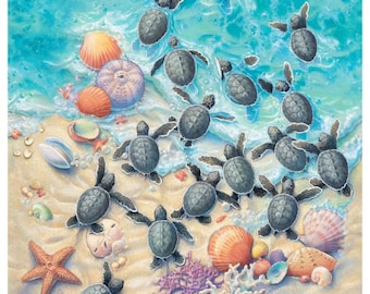 24" X 44" Panel Baby Sea Turtles Ocean Animals Beach Starfish Seashells Race to Safety Cotton Fabric Panel (1608MULTI) D685.65