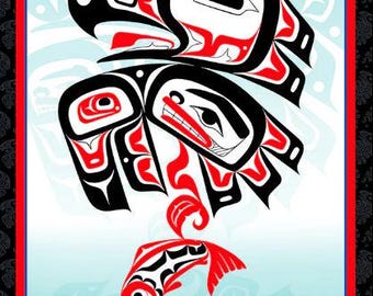 24" X 44" Panel Eagle's World Native American Eagle Eaglets Raven Salmon Motifs Elizabeth Studios Multicolor Cotton Fabric Panel D463.82