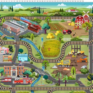 May include: A colorful play mat featuring a detailed town and farm scene with train tracks, buildings, vehicles, and a farm. The mat includes a train station, bakery, fire station, and a farm with a red barn and windmill.