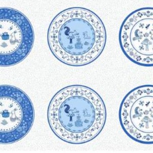 May include: Ten blue and white decorative plates with intricate designs. Each plate features a central illustration surrounded by a floral border. The plates have a classic, elegant aesthetic, suitable for display or dining.