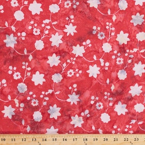 Rayon Batik Floral Cream Gray Flowers on Scarlet Flame Red 44" Wide Hand-Dyed Bali Batik Fabric by the Yard (P2952-67-FLAME) D176.17