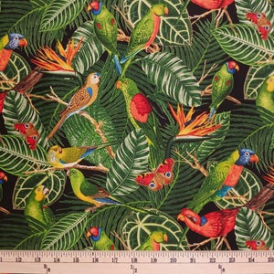 May include: A vibrant fabric featuring a tropical design with colorful parrots, butterflies, and exotic flowers set against a backdrop of lush green leaves. The design includes a ruler at the bottom with measurements in inches.