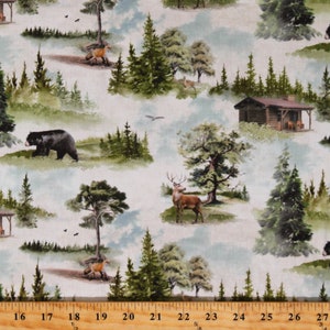 Cotton Northwoods Animals Cabins Foxes Bears Deer Woodland Forest Back Country Light Butter Cotton Fabric Print by the Yard D511.51