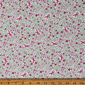 Cotton Breast Cancer Awareness Pink Ribbons Flowers Floral Strength & Love White Cotton Fabric Print by the Yard (54186-4) D762.83