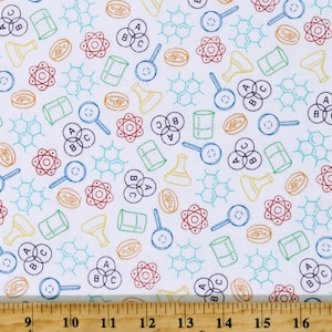 Cotton Science Mathematics Chemistry Experiments It&#39;s Elementary White Cotton Fabric Print by the Yard (52040-X) D780.97