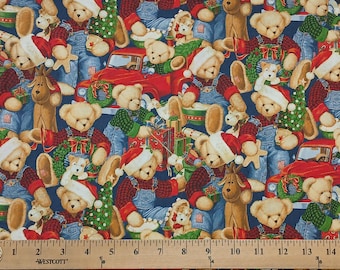 Cotton BJT Christmas Stuffed Animals Teddy Bears Reindeers Presents Trees Springs Creative Multicolor Cotton Fabric Print by Yard D410.30