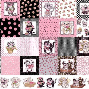 May include: A patchwork design featuring various squares with cat illustrations and floral patterns. The color scheme includes pink, black, and white, with polka dots, stripes, and other decorative elements. The cats are depicted in different poses.