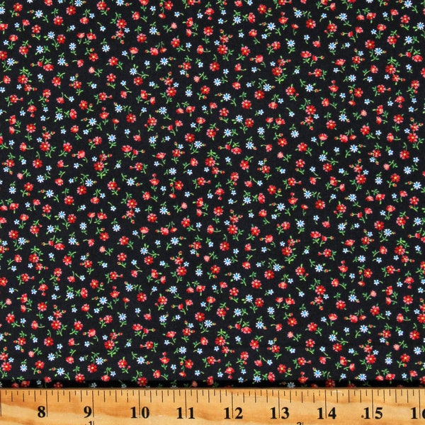 Cotton Tiny Flowers Tossed Red and Blue Floral on Black Small Scale Floral Cache Cotton Fabric Print by the Yard (1649-28883-J) D143.16