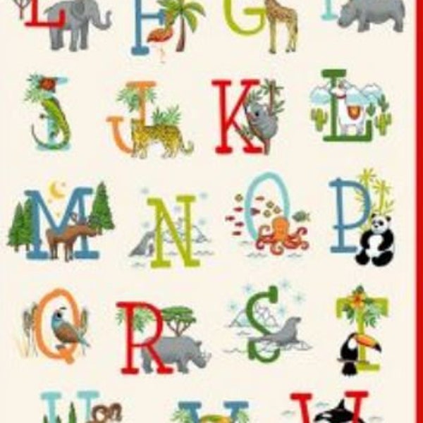 24" X 44" Panel ABC Around the World 2 ABC's Alphabet Animals Kids Learning Multicolor Cotton Fabric Panel (TP-2525-1) D775.07