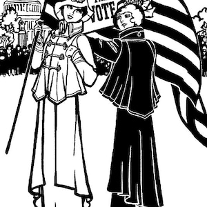 Op de afbeelding: Zwart-witte illustratie van twee vrouwen die een bord vasthouden met de tekst "We Demand the Vote" en een Amerikaanse vlag. De vrouwen zijn gekleed in lange rokken en hoeden. De achtergrond toont een menigte mensen en het Capitool.