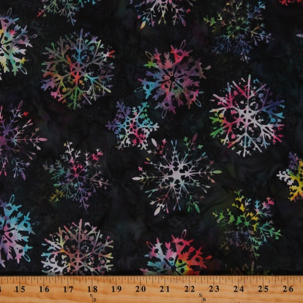 Cotton Handpainted Batik Snowflakes Celestials Snow Winter Christmas Colorful Navy Blue Fabric Print by Yard (Q2159-549-CELESTIALS) D172.49