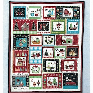 May include: A colorful Christmas advent calendar with 24 numbered squares, each featuring a different festive illustration. The calendar is decorated with red, green, blue, and white colors and includes images of presents, ornaments, reindeer, and other holiday symbols.
