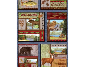 May include: A fabric panel with a rustic woodland theme. The panel features images of a cabin, a lake, a deer, a bear, an owl, a moose, a fish, and a dragonfly. The panel is 24 inches by 44 inches and has the text "Rustic Retreat", "Welcome", and "Living the Good Life".