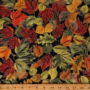 Cotton Fall Leaves Autumn Metallic Gold Accents Seasonal Cotton Fabric Print by the Yard (HARVEST-CM2803-BLACK) D514.59