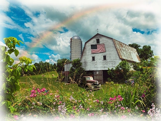 33" X 44" Panel Barn Farm Scenic Landscape Rainbow Country Rural Sun Up to Sun Down Digital Print Cotton Fabric Panel D374.83