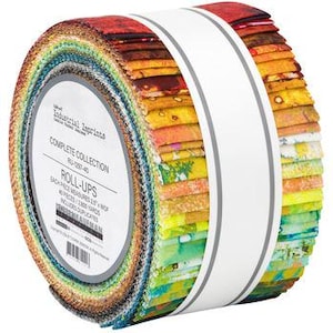 May include: A roll of fabric featuring a variety of colorful patterns. The roll is labeled "Industrial Impressions Complete Collection Roll-Ups". Each roll measures 2.5 inches by 40 inches and includes 40 pre-cut fabric squares.