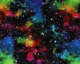 May include: A colorful galaxy print fabric with a black background. The fabric features a nebula with shades of blue, green, red, and yellow. The fabric is covered in small white stars.