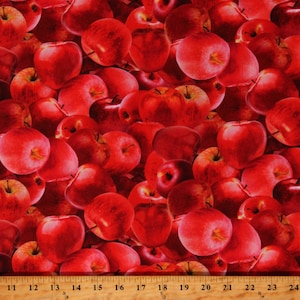 May include: A close-up image of a fabric with a repeating pattern of red apples. The apples are arranged in a random pattern and overlap each other. The fabric is perfect for crafting projects, quilting, and other sewing projects.