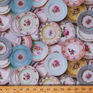 Cotton Tea Plates Tea Party Dishes Platters Saucers Fancy Tea For Two Cotton Fabric Print by the Yard (DP24896-10) D778.82 by Northcott