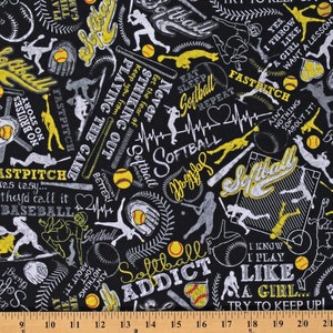 Cotton Softball Sports Bats Gloves Balls Words Scripts Phrases Writing Black Cotton Fabric Print by the Yard D674.82 Timeless Treasures