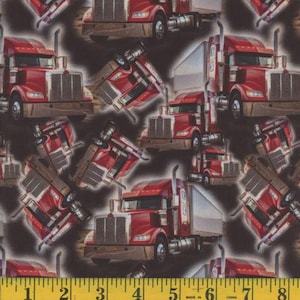 May include: A seamless pattern featuring red semi-trucks with trailers on a black background. The trucks are in various positions and sizes, creating a dynamic and repeating design.