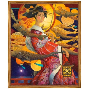 36" X 44" Panel Geisha Girl Japanese Lantern Festival Orange Cotton Fabric Panel (1649-28626-X) D479.72