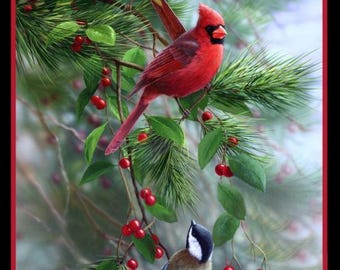 Puede incluir: Tres pájaros posados en una rama de pino con bayas rojas. Un cardenal rojo, un cardenal amarillo y un carbonero común.