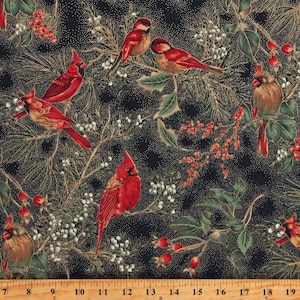Cotton Cardinals Winter Christmas Holly Berries Leaves Branches Gold Metallic Hoffman Christmas Classics Fabric Print by the Yard (D406.52)