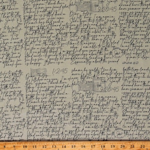 May include: A beige fabric with a repeating pattern of handwritten letters and stamps. The letters are in black ink and the stamps are in blue and black. The fabric has a vintage look and feel. The text on the fabric reads "Dear Folks. I'm again. Sure hope this letter finds you all safe and well. I am so sorry I couldn't write much good here about this.  I've been pretty busy.  I'm supposed to catch up on what I am able to for a few days yet.  I'm surprised you saved off the north landings about the forth.  Guess he got toclappings about here.  Especially about the second.  Have to close soon.  Jack. 9/30/45"