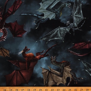 Cotton Dragon&#39;s Battle Dragon&#39;s Lair Flying Dragons Mythical Creatures Fantasy Kids Gray Fabric Print by the Yard D774.05 Timeless Treasures