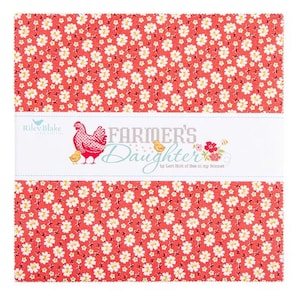 May include: A stack of fabric squares with a red floral pattern and a white band featuring the text "Farmer's Daughter" and a rooster illustration. The fabric has a repeating pattern of small white flowers.