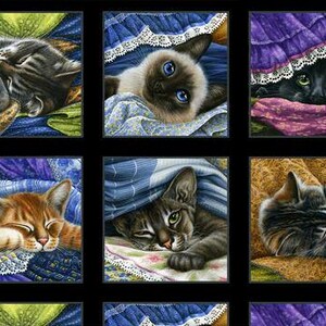 May include: A fabric panel featuring six squares, each showcasing a different cat portrait. The cats are depicted in various poses, including sleeping and peeking out from under blankets. The color palette includes blues, purples, oranges, and browns.