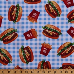 Cotton Burgers and Fries Hamburgers Cheeseburgers French Fries Fast Food Blue Gingham Picnic Cotton Fabric Print by the Yard D303.04