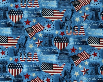 Cotton Patriotic Hearts Liberty Bell Statue of Liberty Flags USA Stars & Stripes American Icons Blue Fabric Print by the Yard D406.46