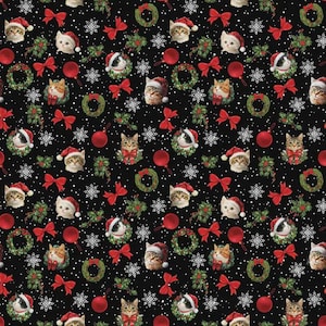 May include: A black fabric featuring a repeating Christmas pattern of various cat faces wearing Santa hats, green holly wreaths, red bows, solid red ornaments, and white snowflakes scattered across the dark background in a festive design.