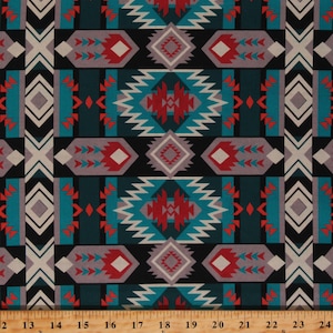 Cotton Southwestern Tribal Geometric Stripes Turquoise Gray Rust Red Desert Grid Cotton Fabric Print by the Yard (DX-3494-2C-3TEAL) D366.51