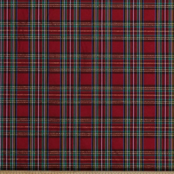 Double-Face 2-Sided Yarn-Dyed Taffeta Red Green Holiday Plaid with Metallic Gold 60in Wide Polyester/Lurex Fabric by the Yard (7150M-4C)