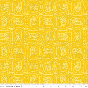 May include: Yellow fabric with a repeating pattern of white FFA (Future Farmers of America) logos. Each logo features a stylized farm scene with the text "I BELIEVE IN THE FUTURE OF AGRICULTURE". The fabric is measured in inches.