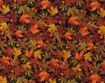 Peut inclure: Un fond noir avec un motif de feuilles d'automne colorées dans des tons de rouge, orange, jaune et vert. Les feuilles sont disposées de manière aléatoire et se chevauchent.