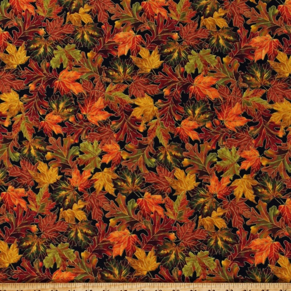 Cotton Fall Leaves Maple Oak Leaf Gold Metallic on Black Autumnal Thanksgiving Fabric Print by the Yard (HARVEST-CM1289-BLACK) D512.50