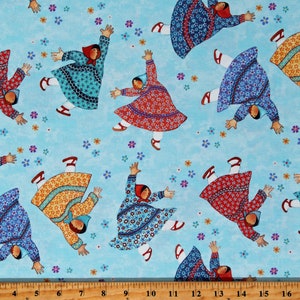 Cotton Quilts and Kuspuks Tossing Flowers Alaskan Clothing Eskimos Blue Cotton Fabric Print by the Yard (25205-62) D682.80
