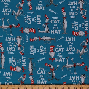 Cotton The Cat in the Hat Celebration Dr. Seuss Children&#39;s Books Kids Blue Cotton Fabric Print by Yard D574.57 Licensed Robert Kaufman