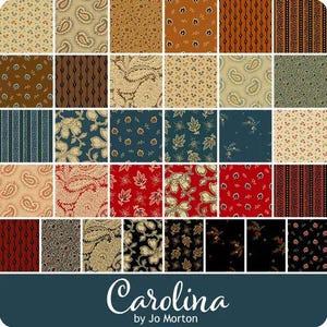 May include: A fabric collection called "Carolina" by Jo Morton. The collection features 24 different fabric squares with various patterns, including paisley, floral, and geometric designs. The fabrics are in a variety of colors, including red, blue, green, and brown.