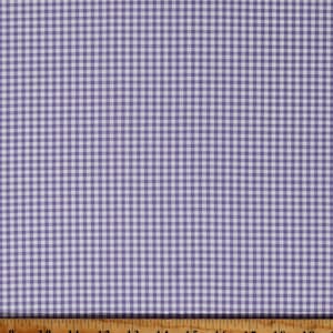 May include: Purple and white gingham fabric with a 1/4 inch check pattern. The fabric is measured with a ruler in inches.